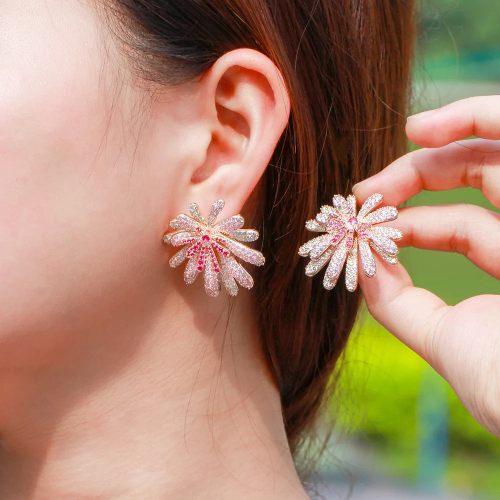 Unique Luxurious Red Pink Floral Design Micro Cubic Zirconia Earrings - ShopSmart 