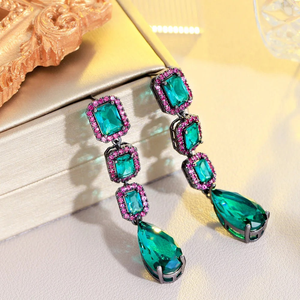 Elegant Water Drop Green Crystal And Rose Red Cubic Zircon Long Dangle Drop Earrings - ShopSmart 