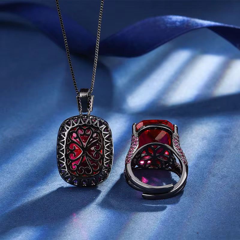 Bold & Elegant: Black Gun-Plated Red Zircon Pendant & Ring