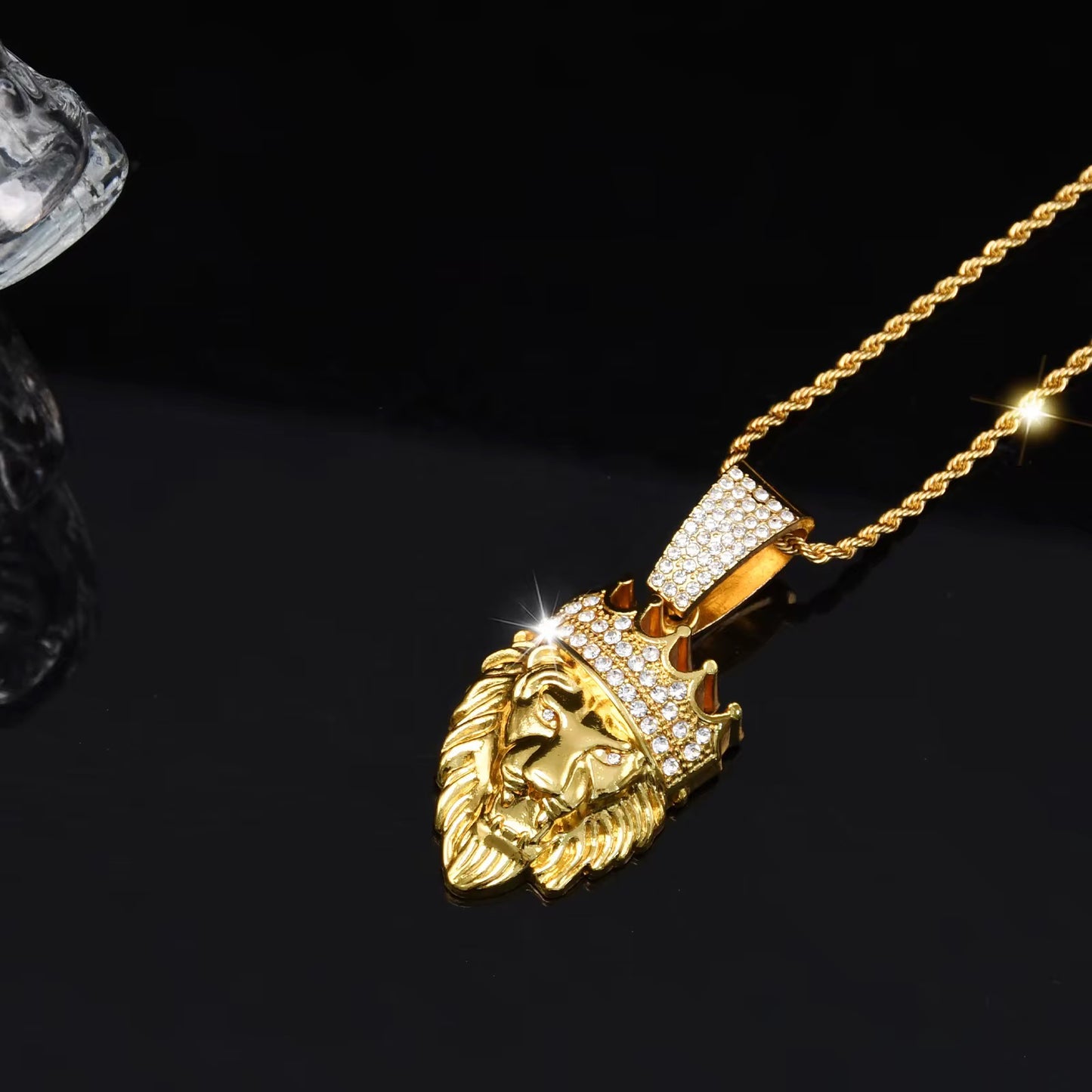 Iced Out Crown Lion Head Pendant with Rope Chain – Gold & Silver Plated