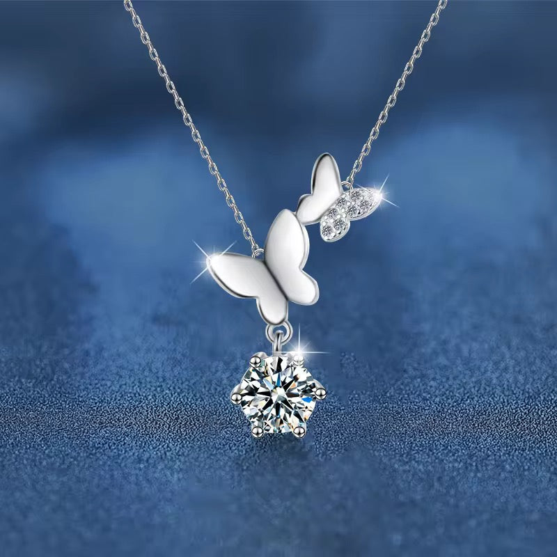 Premium S925 Sterling Silver Double Butterfly 1CT Moissanite Diamond Pendant Necklace For Women/Girls - ShopSmart 