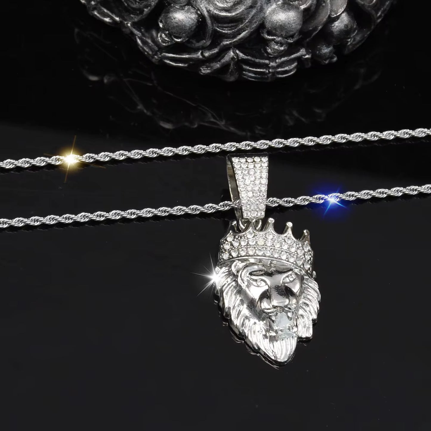 Iced Out Crown Lion Head Pendant with Rope Chain – Gold & Silver Plated