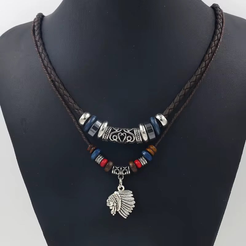 Ethnic Style Leather Rope Beads Ancient Silver Alloy Adjustable Pendant Necklace