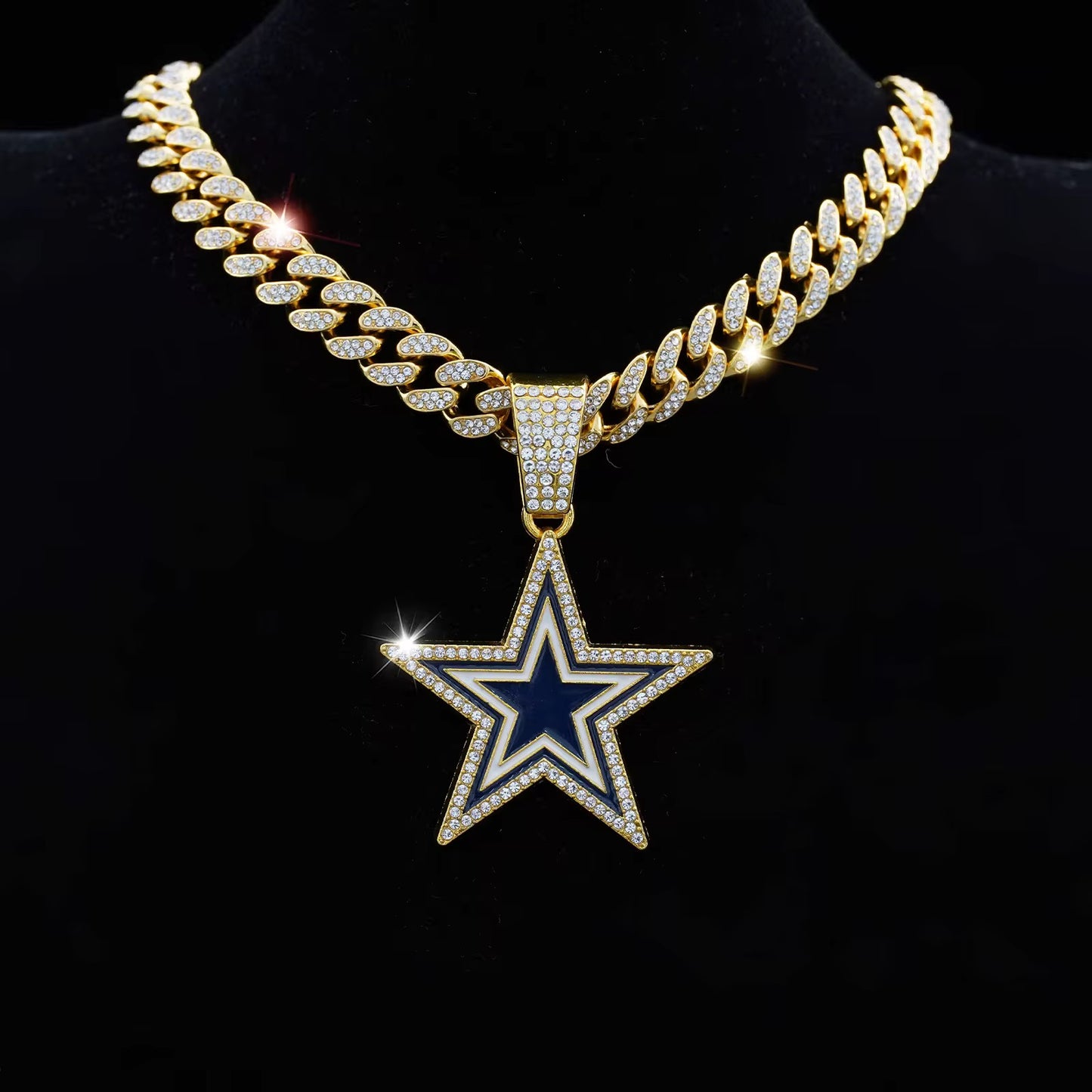 Iced Out Cuban Chain with Blue Star Pendant – Silver & Gold Plated