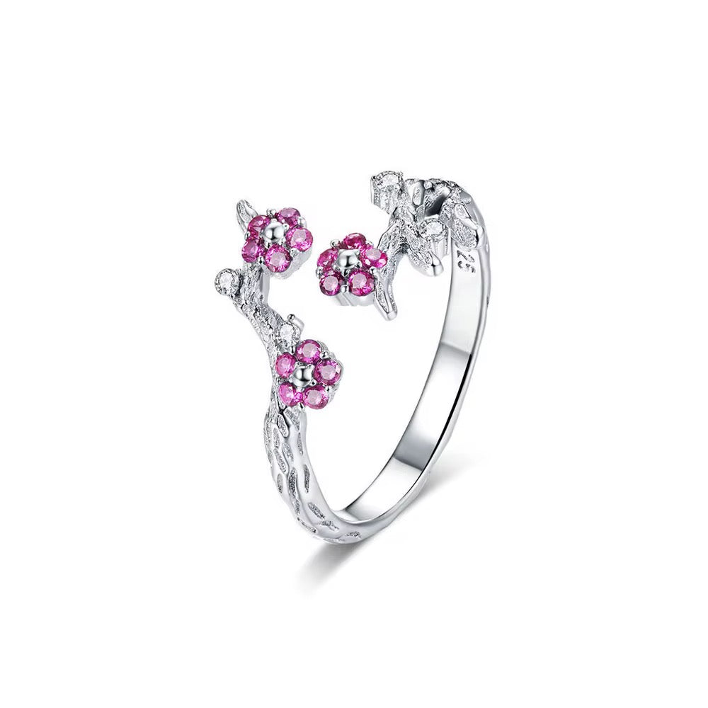 925 Sterling Silver Featuring Zircon Winter Blooming Plum Flower Open Size Finger Ring - ShopSmart 