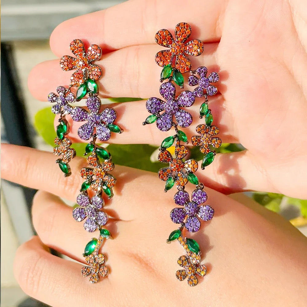 Glittering Multicolor Cubic Zirconia Flower Dangle Drop Earrings - ShopSmart 