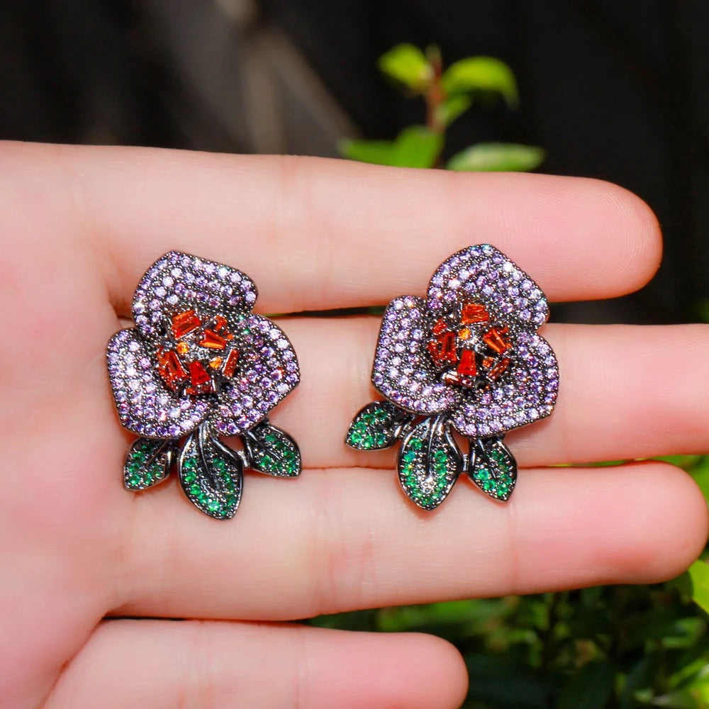 Big Flower Design Purple Red Cubic Zirconia Pave Stud Earrings - ShopSmart 