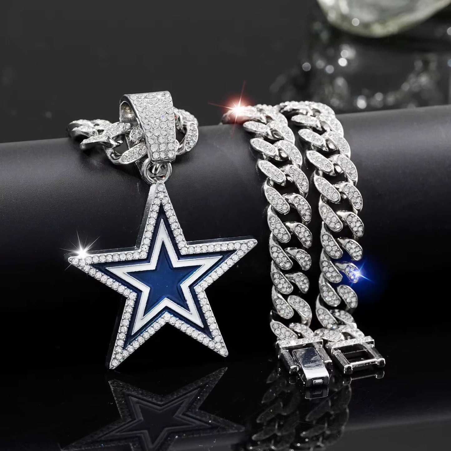 Iced Out Cuban Chain with Blue Star Pendant – Silver & Gold Plated