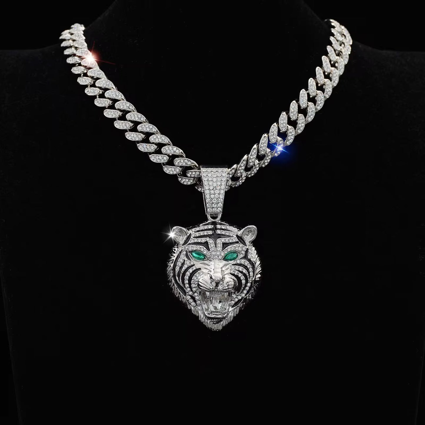 Iced Out Punk Tiger Pendant with Cuban Chain – Gold & Silver Plated