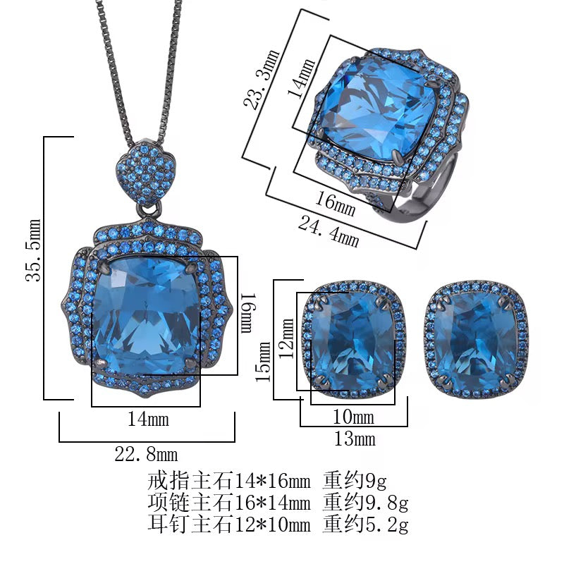 Bold Black Gun-Plated Brass Jewelry Set with Blue Zircon Stones