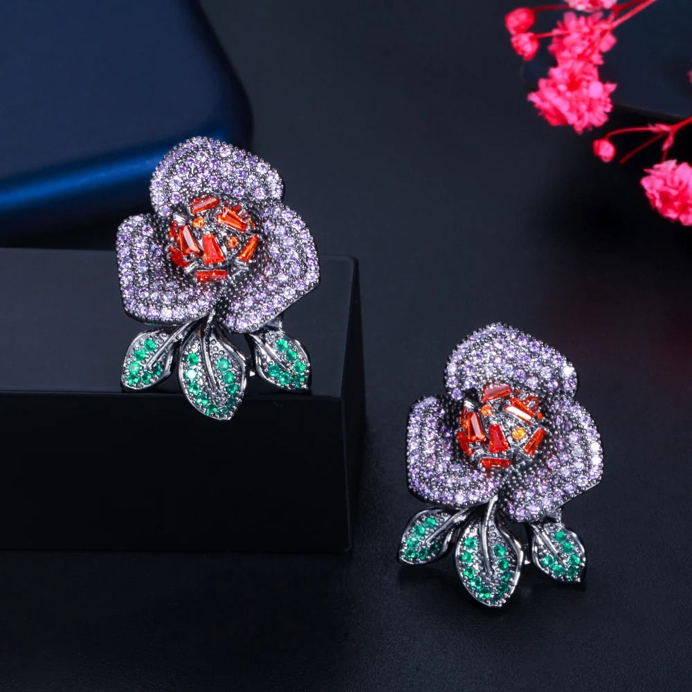 Big Flower Design Purple Red Cubic Zirconia Pave Stud Earrings - ShopSmart 