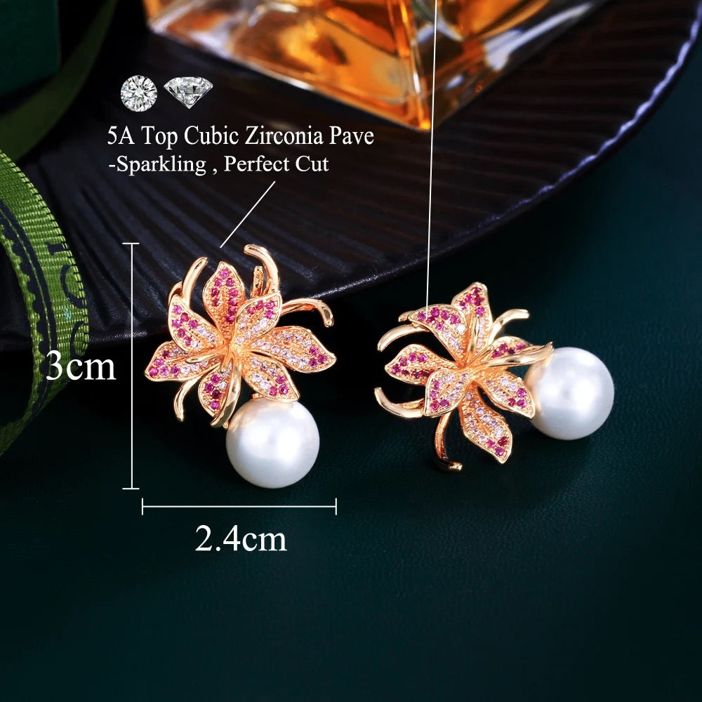 Red Cubic Zirconia Dangle Drop Blooming Flower Pearl Earrings - ShopSmart 