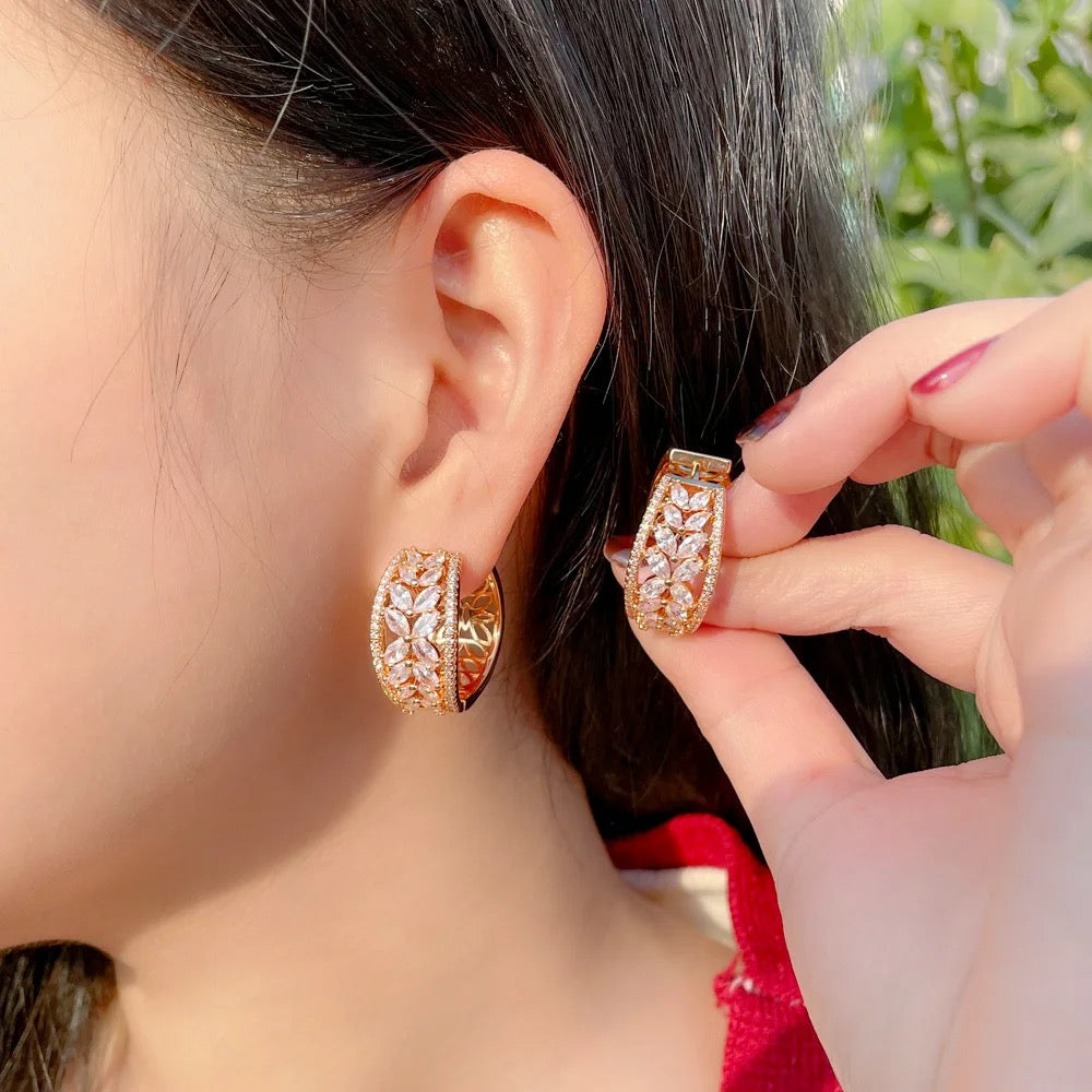 Sparkly Cubic Zircon Crystal Pave Flower Leaf Shape Gold Plated Hoop Earrings - ShopSmart 