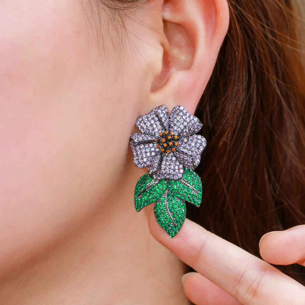 Sparkling Purple Green Cubic Zirconia Leaf Flower Luxury Statement Drop Earrings - ShopSmart 