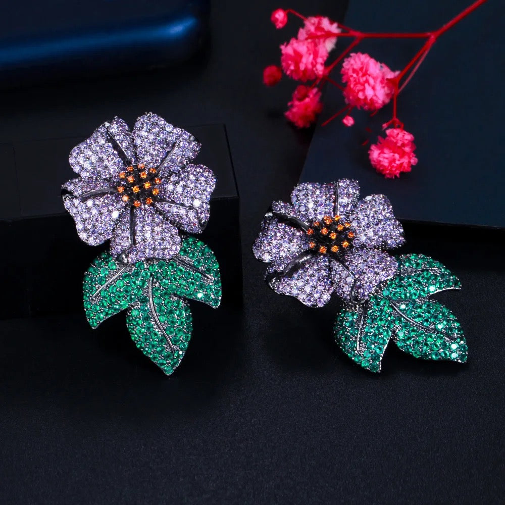 Sparkling Purple Green Cubic Zirconia Leaf Flower Luxury Statement Drop Earrings - ShopSmart 