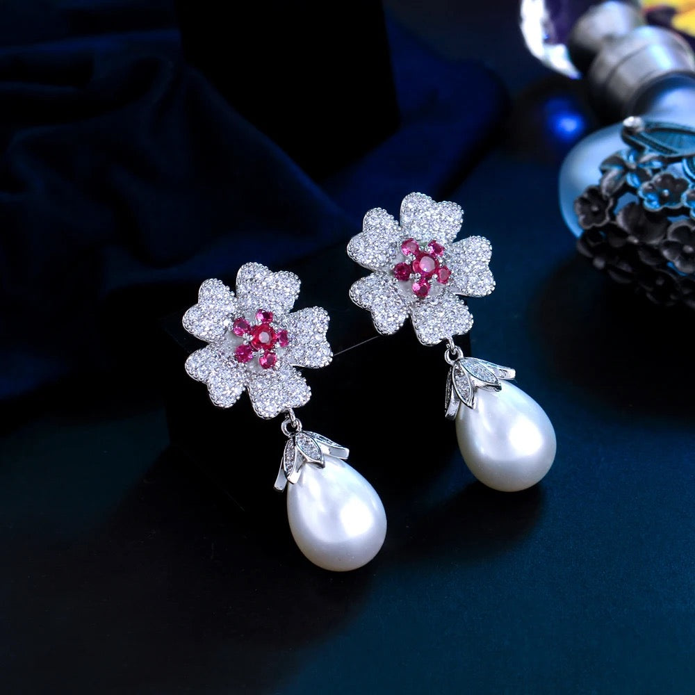 Rose Red Cubic Zirconia Flower Big Imitation Pearl Dangle Drop Earrings - ShopSmart 