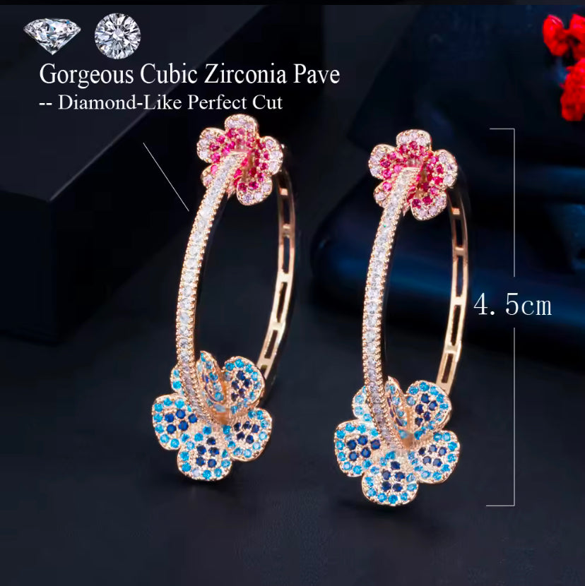 Beautiful Elegant Micro Pave Blue Red Cubic Zirconia Light Gold Plated Big Round Flower Shape Hoop Earrings - ShopSmart 