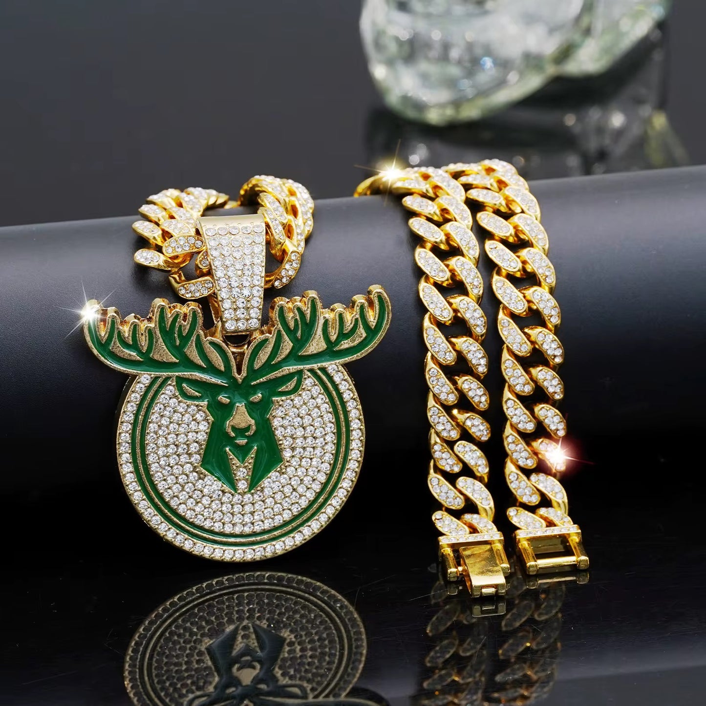 Iced Out Milwaukee Bucks Pendant with Cuban Chain – Gold & Silver Plated