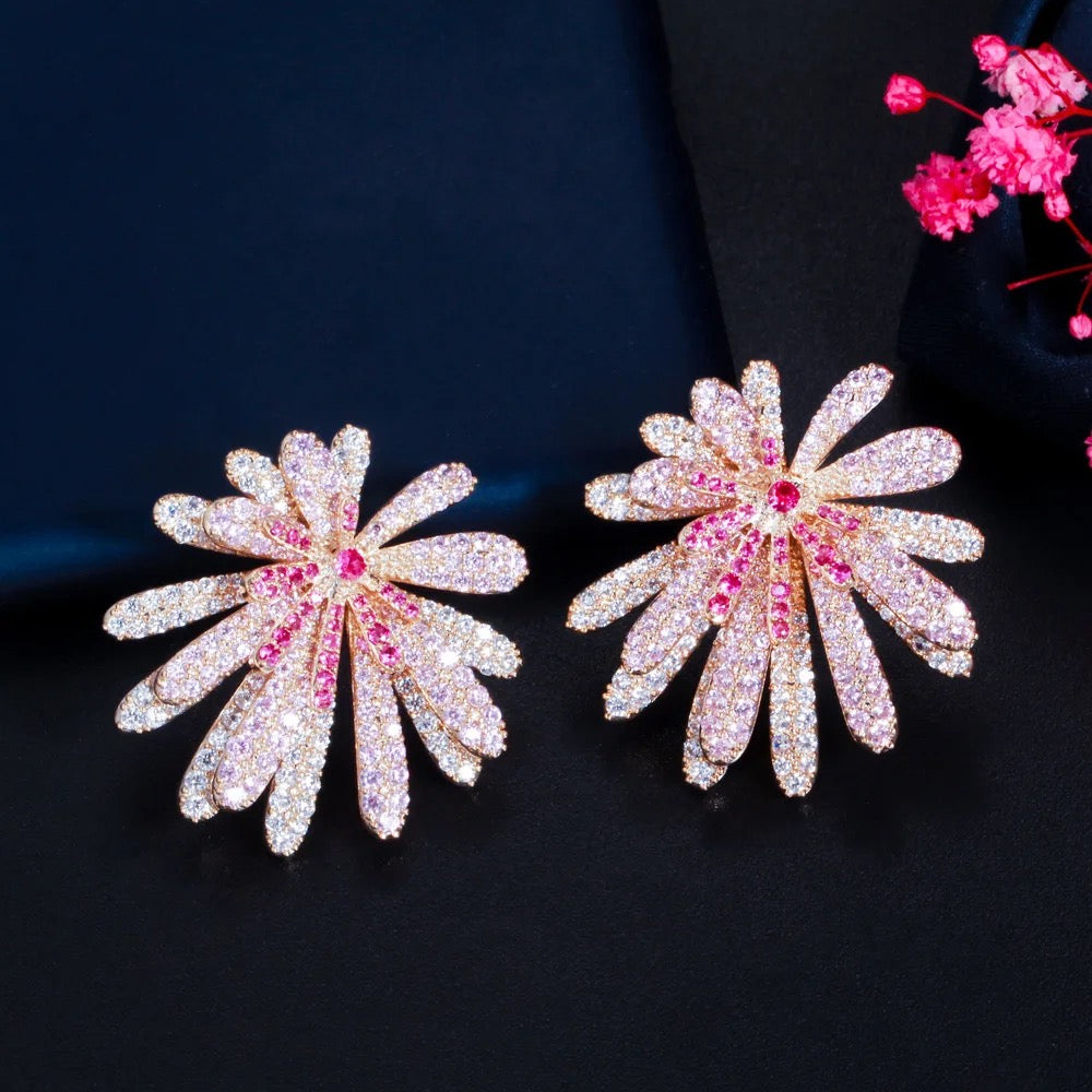 Unique Luxurious Red Pink Floral Design Micro Cubic Zirconia Earrings - ShopSmart 