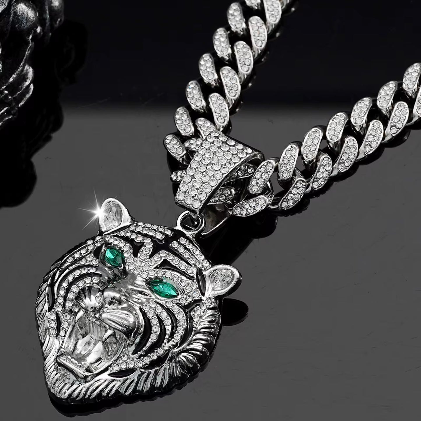 Iced Out Punk Tiger Pendant with Cuban Chain – Gold & Silver Plated