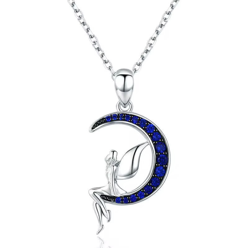 Delicate 925 Sterling Silver Blue Moon And Fairy Pendant Necklace For Women/Girls - ShopSmart 