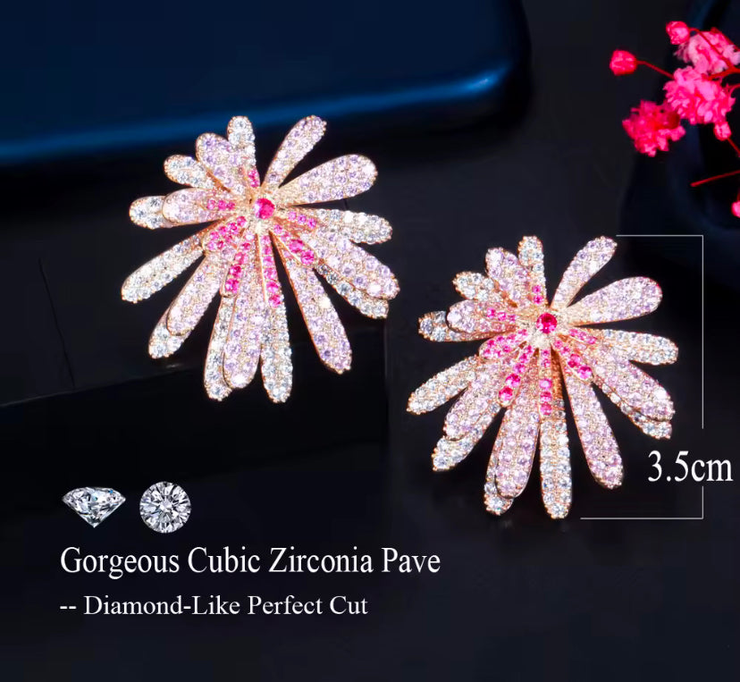 Unique Luxurious Red Pink Floral Design Micro Cubic Zirconia Earrings - ShopSmart 