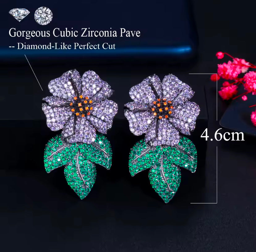 Sparkling Purple Green Cubic Zirconia Leaf Flower Luxury Statement Drop Earrings - ShopSmart 