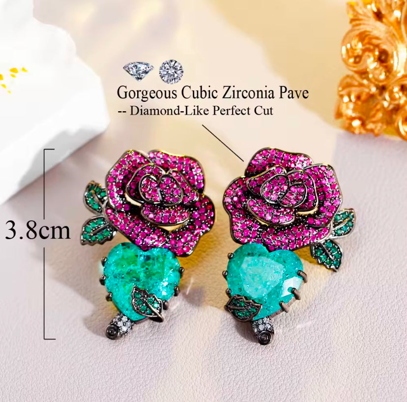 Classic Black Gun Plated Cubic Zirconia Red Rose Flower And Green Heart Leaf Shaped Dangle Drop Earrings - ShopSmart 