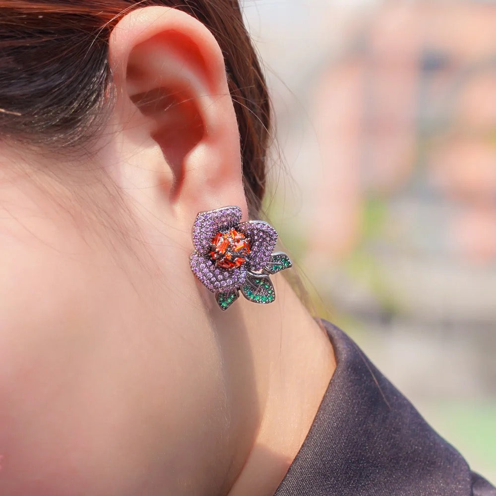 Big Flower Design Purple Red Cubic Zirconia Pave Stud Earrings - ShopSmart 