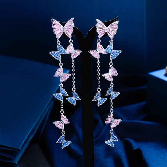 Luxurious Pink Blue Cubic Zirconia Extra Long Tassel Butterfly Drop Dangle Earrings - ShopSmart 