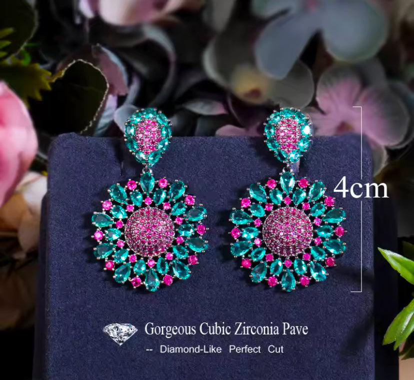 Hot Pink And Green Cubic Zirconia Crystal Big Dangle Drop Flower Earrings - ShopSmart 