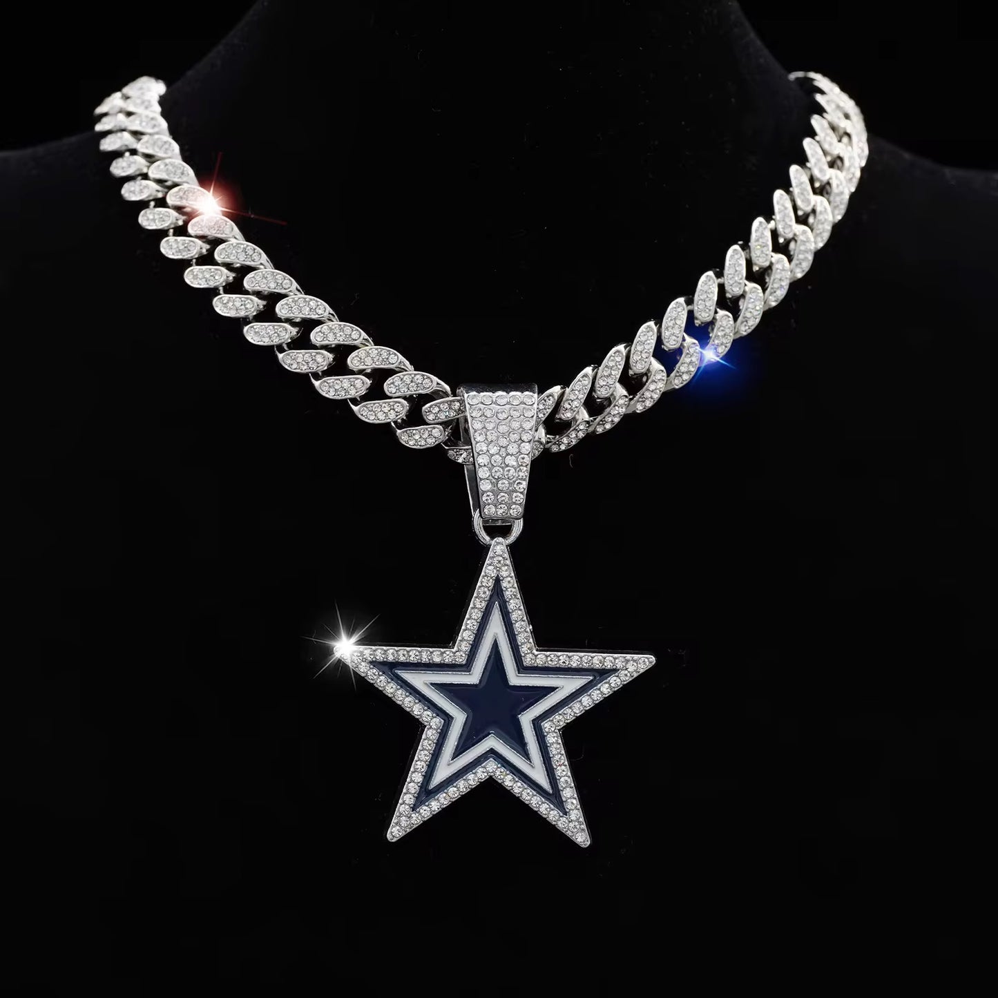 Iced Out Cuban Chain with Blue Star Pendant – Silver & Gold Plated