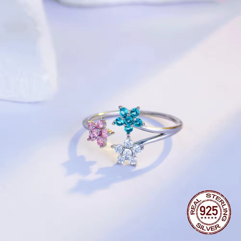 925 Sterling Silver Cubic Zirconia Adjustable Open Pretty Blooming Flowers Ring For Women/Girls - ShopSmart 