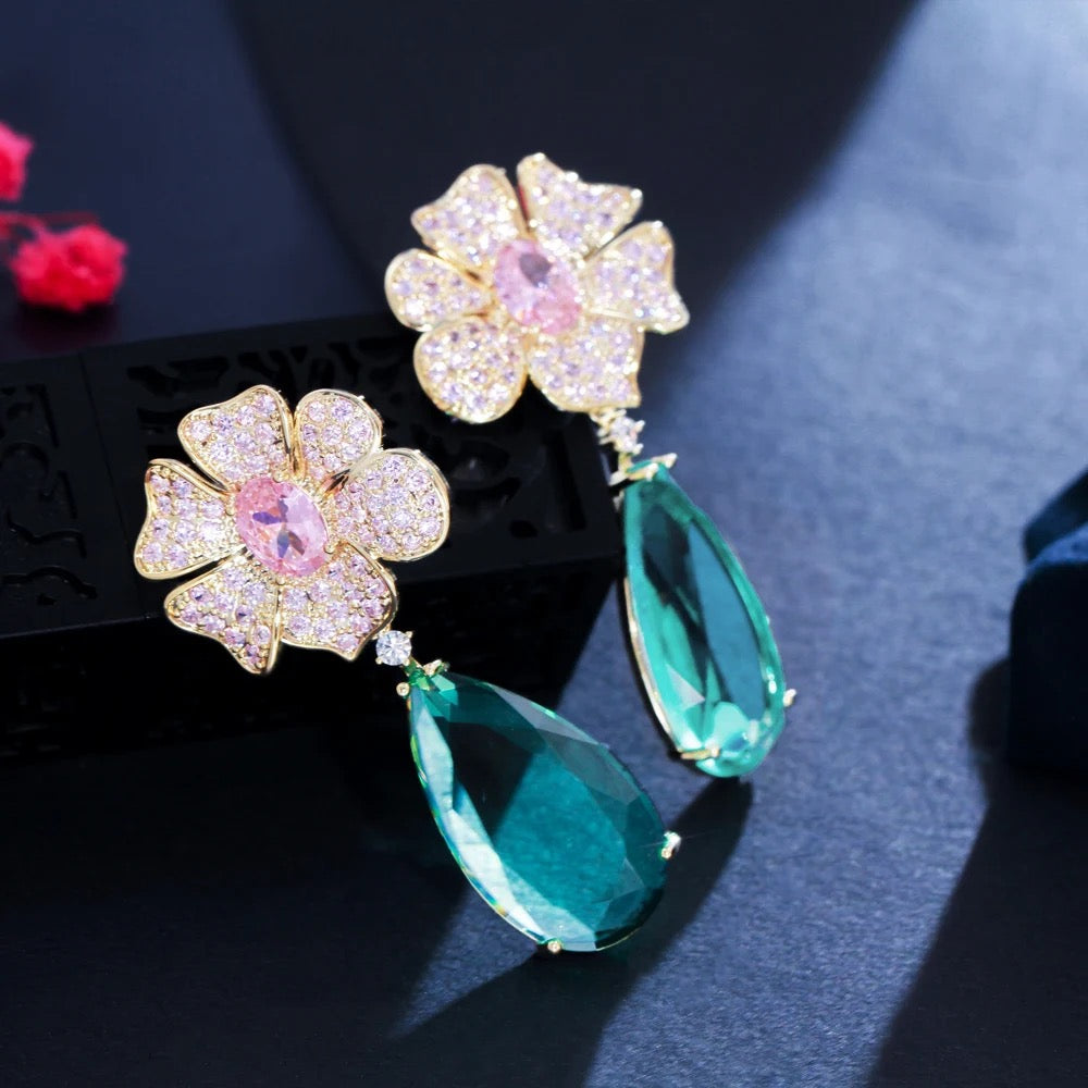 Beautiful Elegant Pink Cubic Zirconia  Dangle Drop Flower Earrings - ShopSmart 