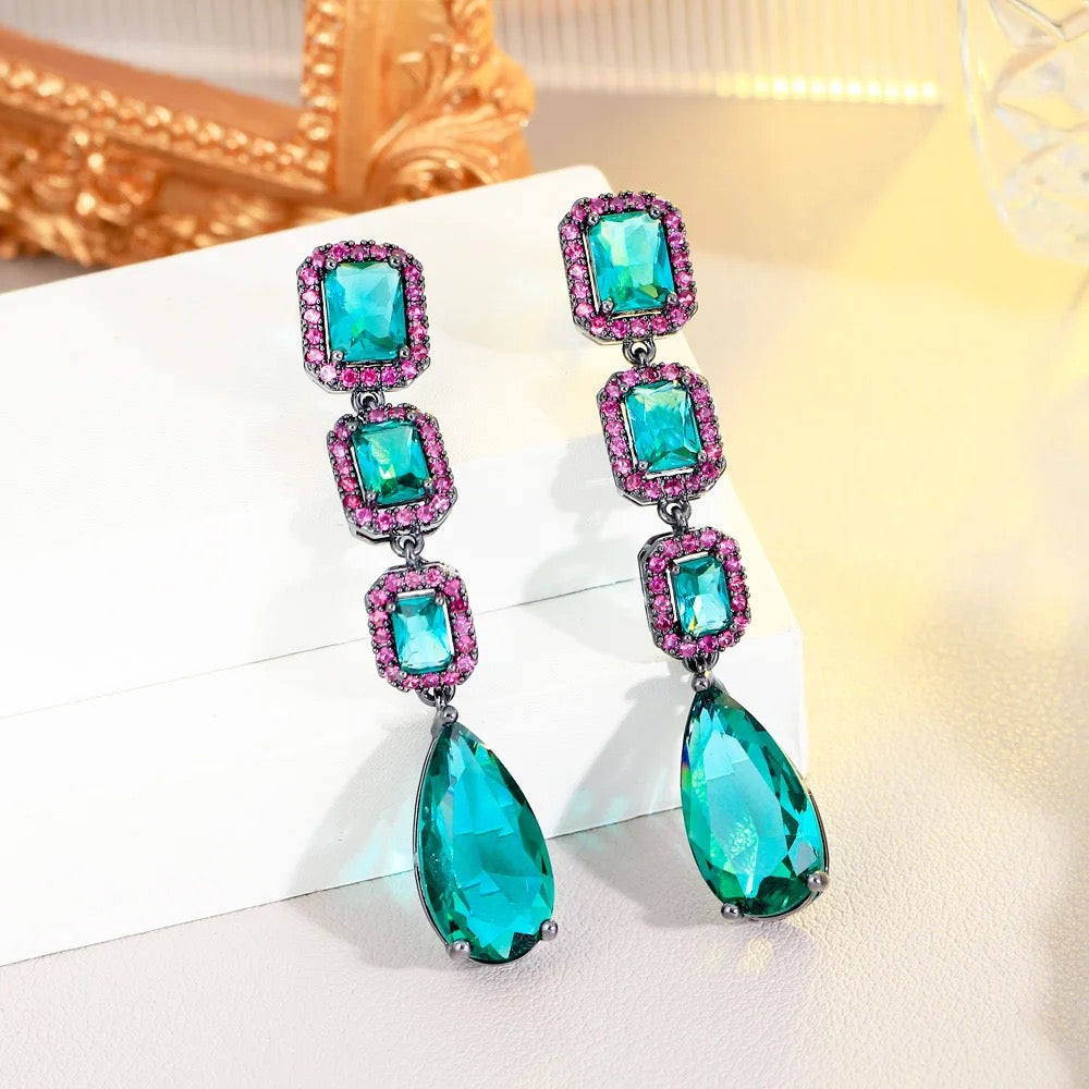 Elegant Water Drop Green Crystal And Rose Red Cubic Zircon Long Dangle Drop Earrings - ShopSmart 