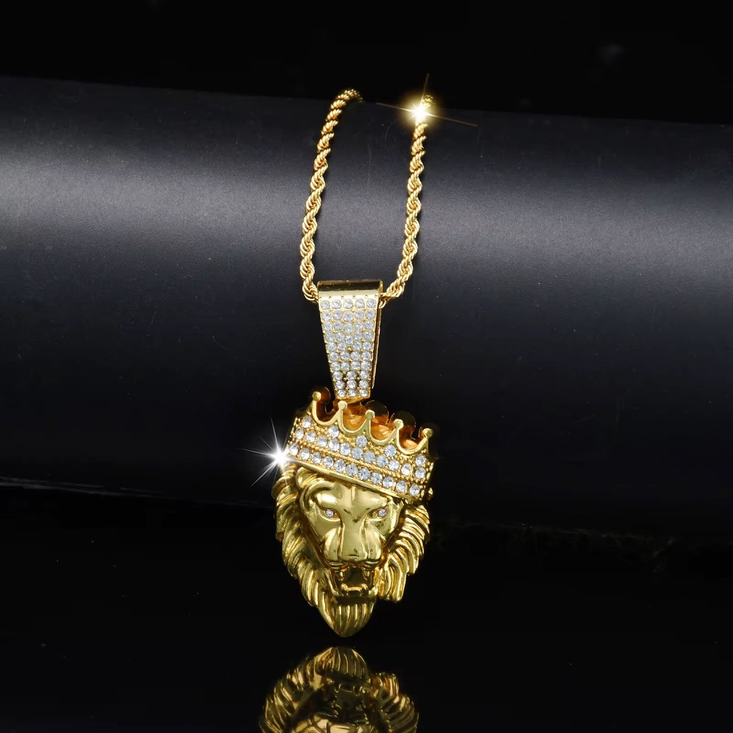 Iced Out Crown Lion Head Pendant with Rope Chain – Gold & Silver Plated