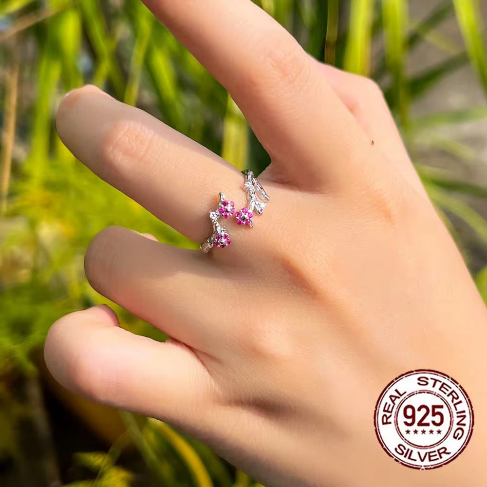 925 Sterling Silver Featuring Zircon Winter Blooming Plum Flower Open Size Finger Ring - ShopSmart 