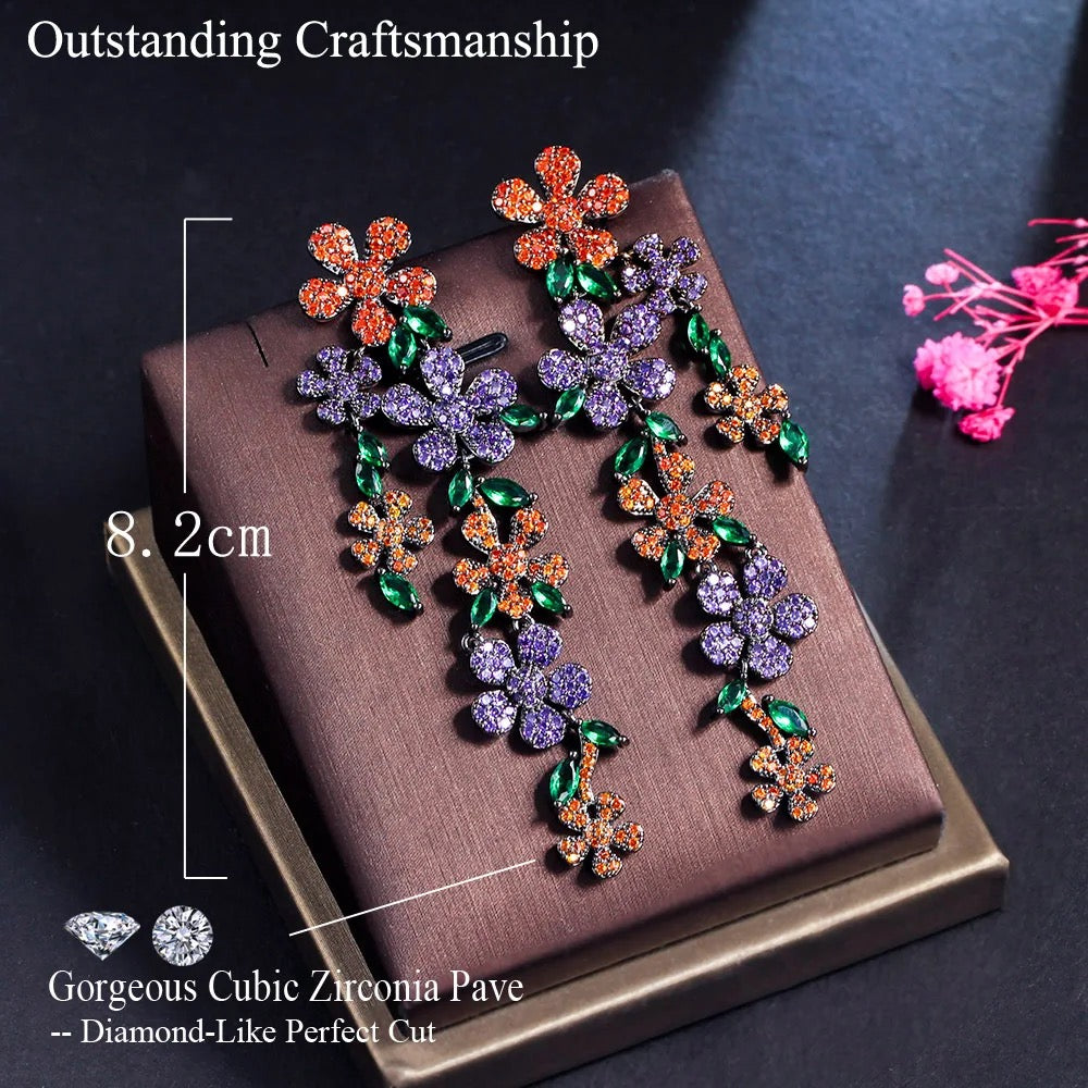 Glittering Multicolor Cubic Zirconia Flower Dangle Drop Earrings - ShopSmart 