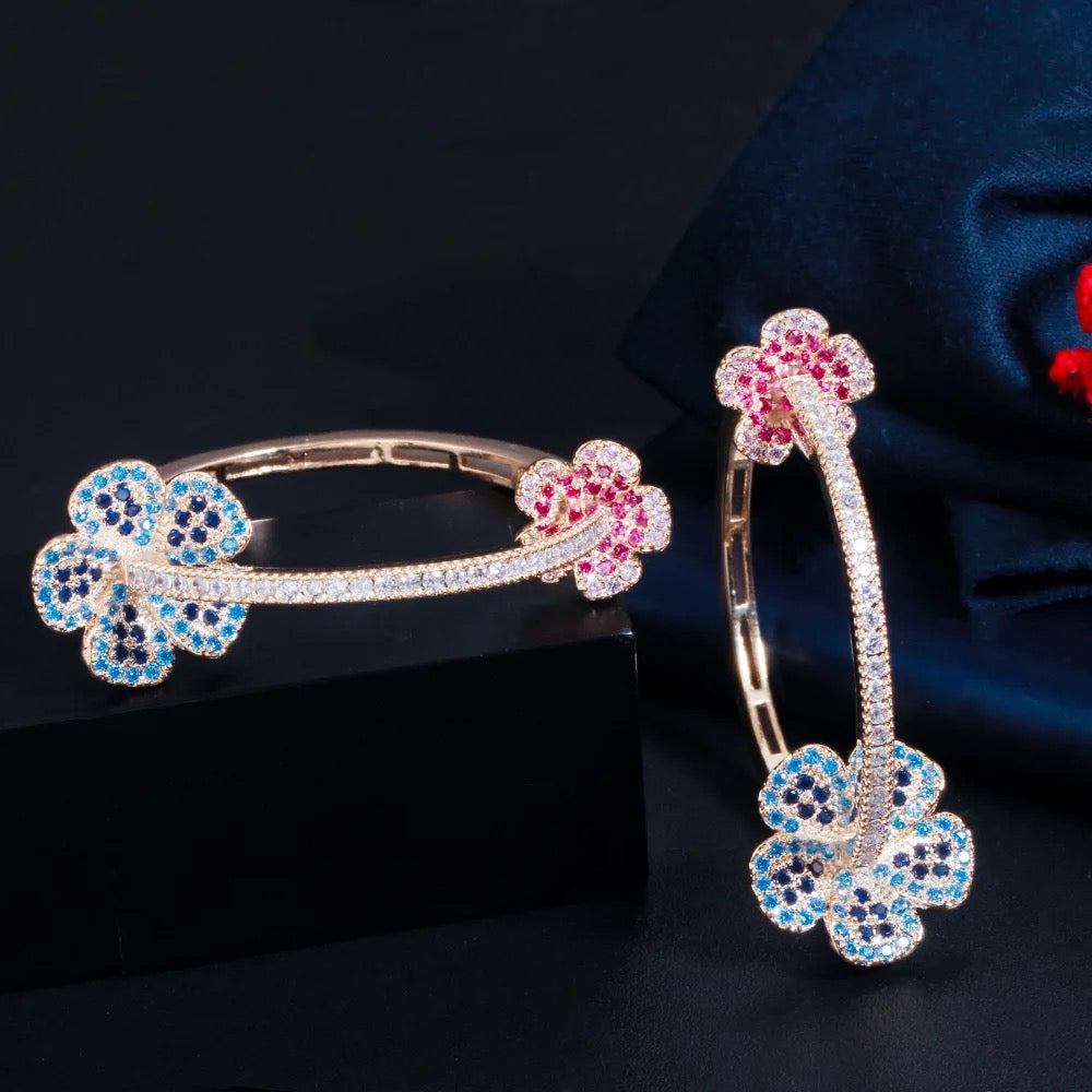 Beautiful Elegant Micro Pave Blue Red Cubic Zirconia Light Gold Plated Big Round Flower Shape Hoop Earrings - ShopSmart 