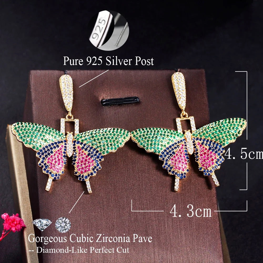 Fancy Multicolor Cubic Zircon Crystal Dangle Drop Big Wide Butterfly Wings Earrings - ShopSmart 