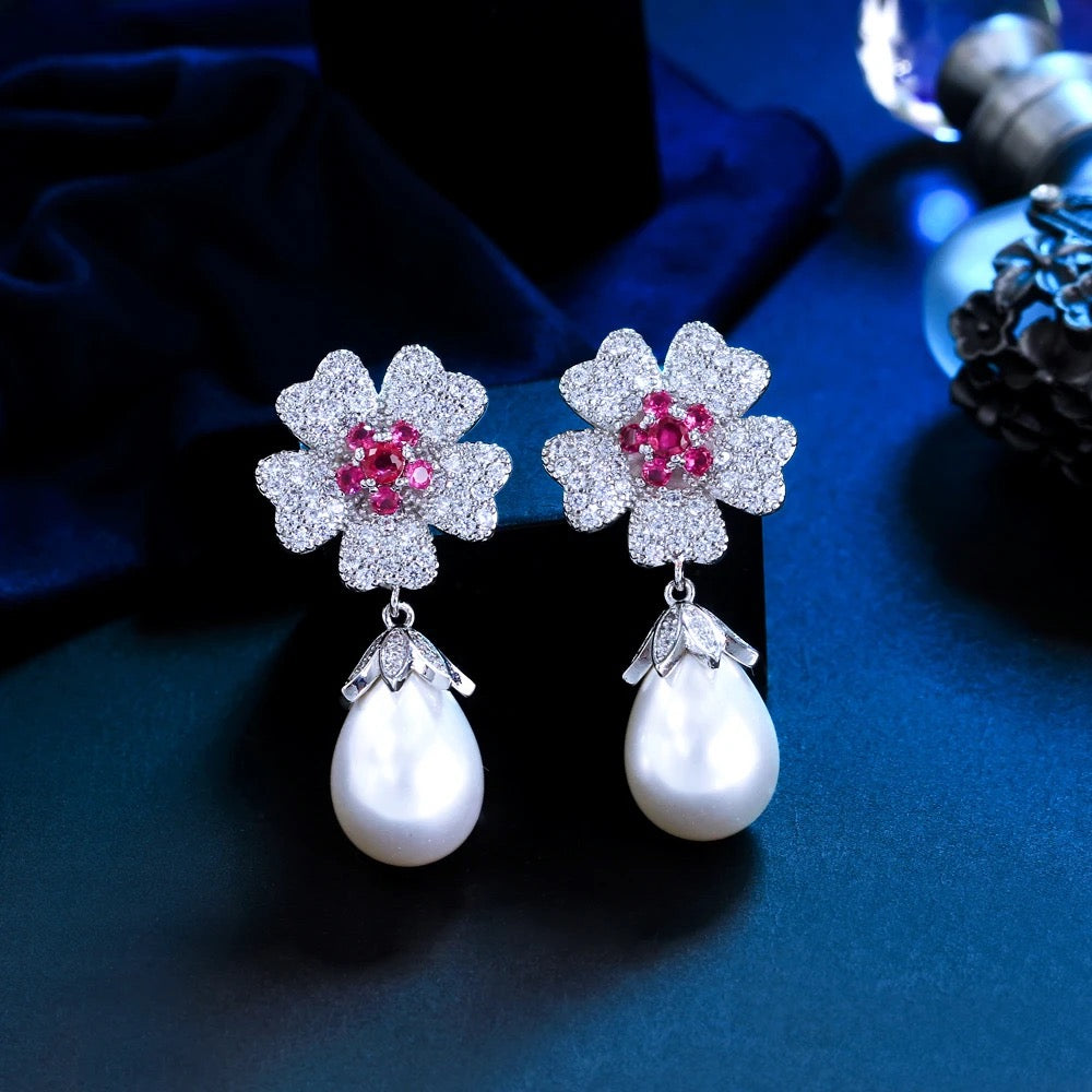 Rose Red Cubic Zirconia Flower Big Imitation Pearl Dangle Drop Earrings - ShopSmart 