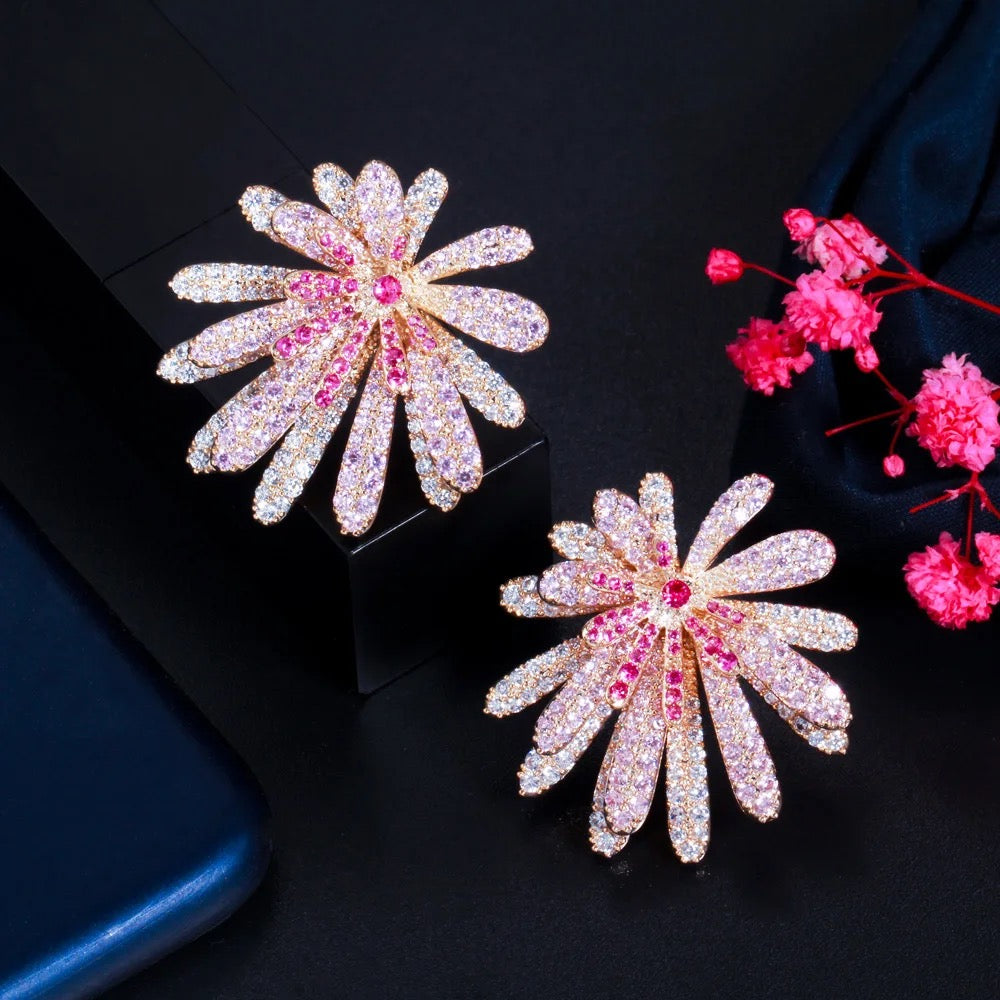 Unique Luxurious Red Pink Floral Design Micro Cubic Zirconia Earrings - ShopSmart 