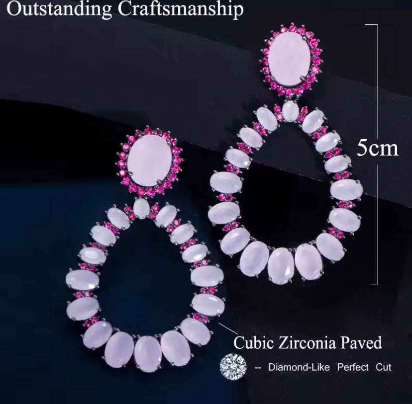 Oval Cut Pink Cubic Zirconia Long Statement Round Drop Earrings - ShopSmart 