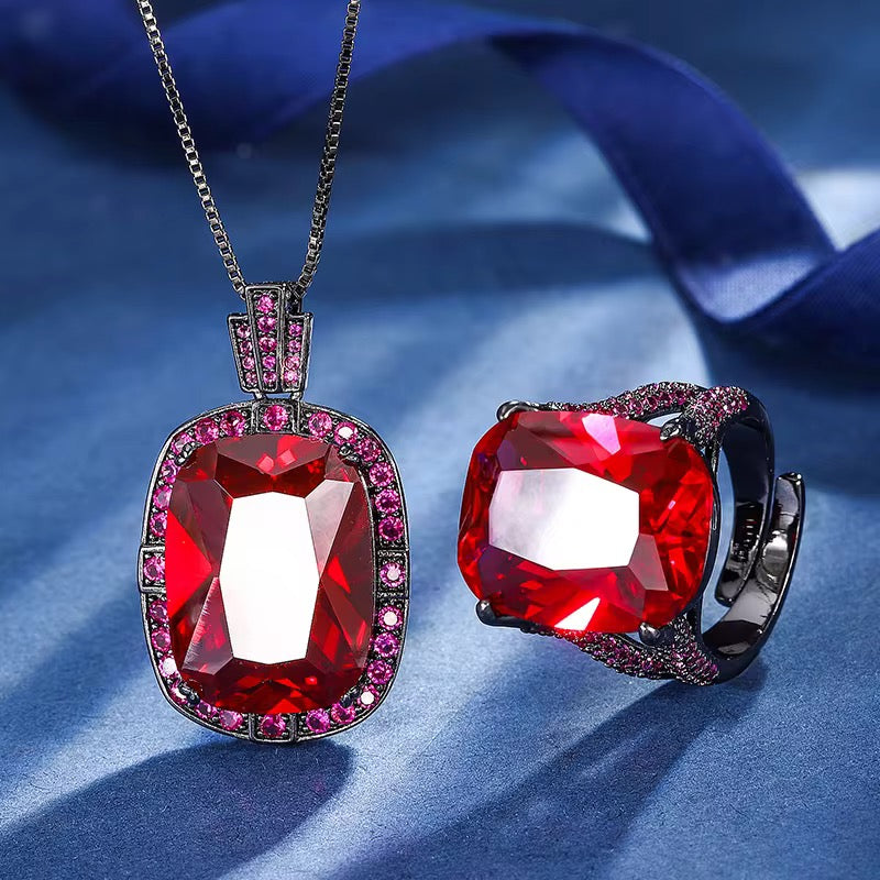 Bold & Elegant: Black Gun-Plated Red Zircon Pendant & Ring