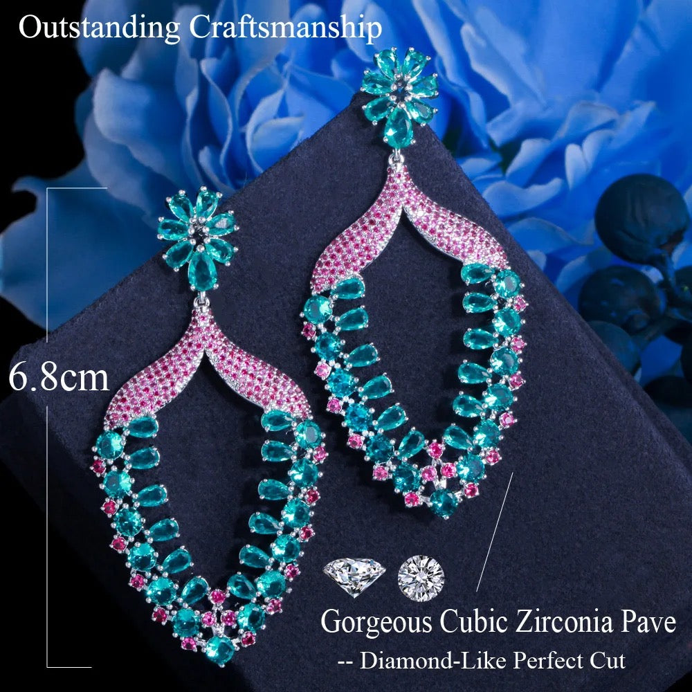 Charming Red Green Cubic Zirconia Crystal Flower Long Drop Earrings - ShopSmart 