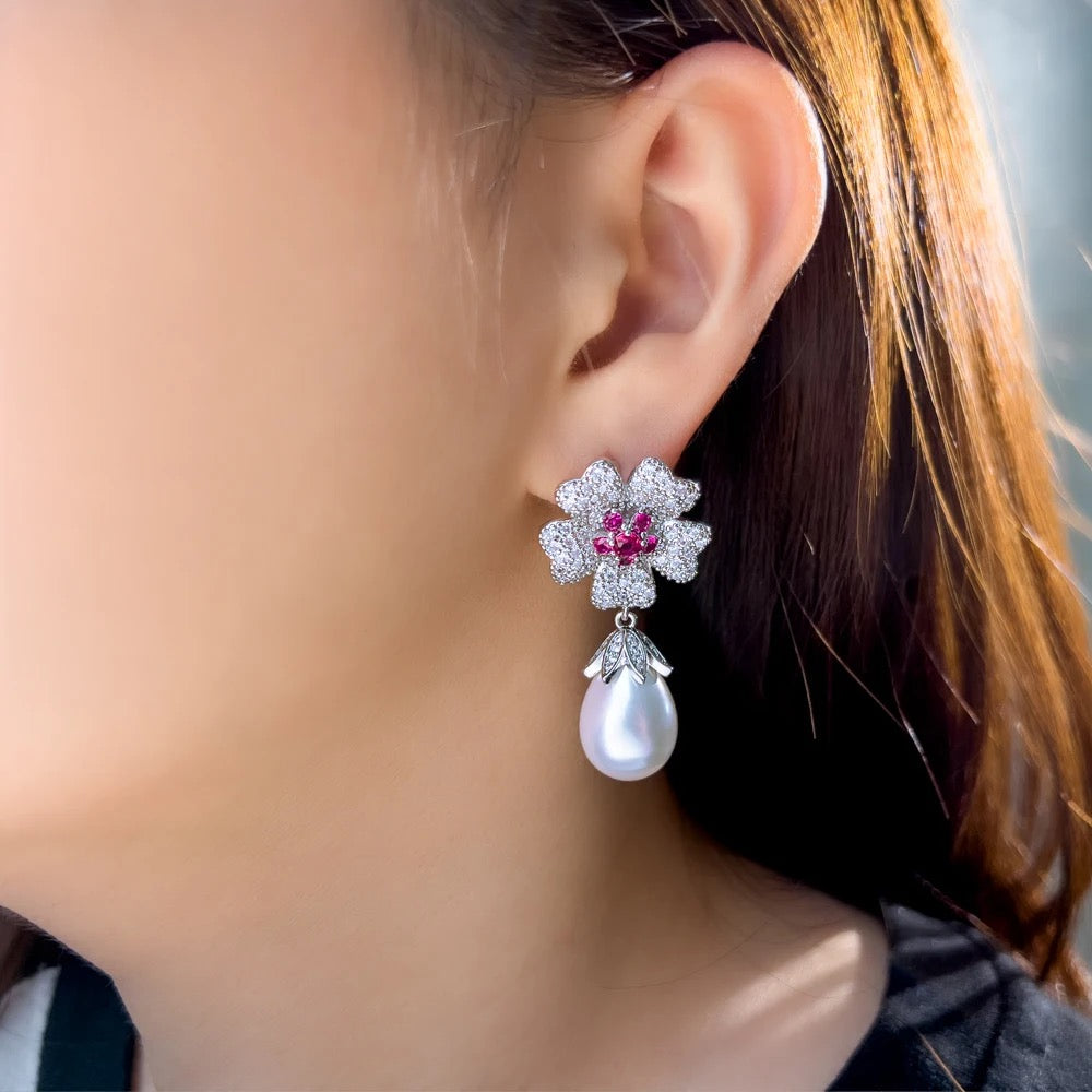 Rose Red Cubic Zirconia Flower Big Imitation Pearl Dangle Drop Earrings - ShopSmart 