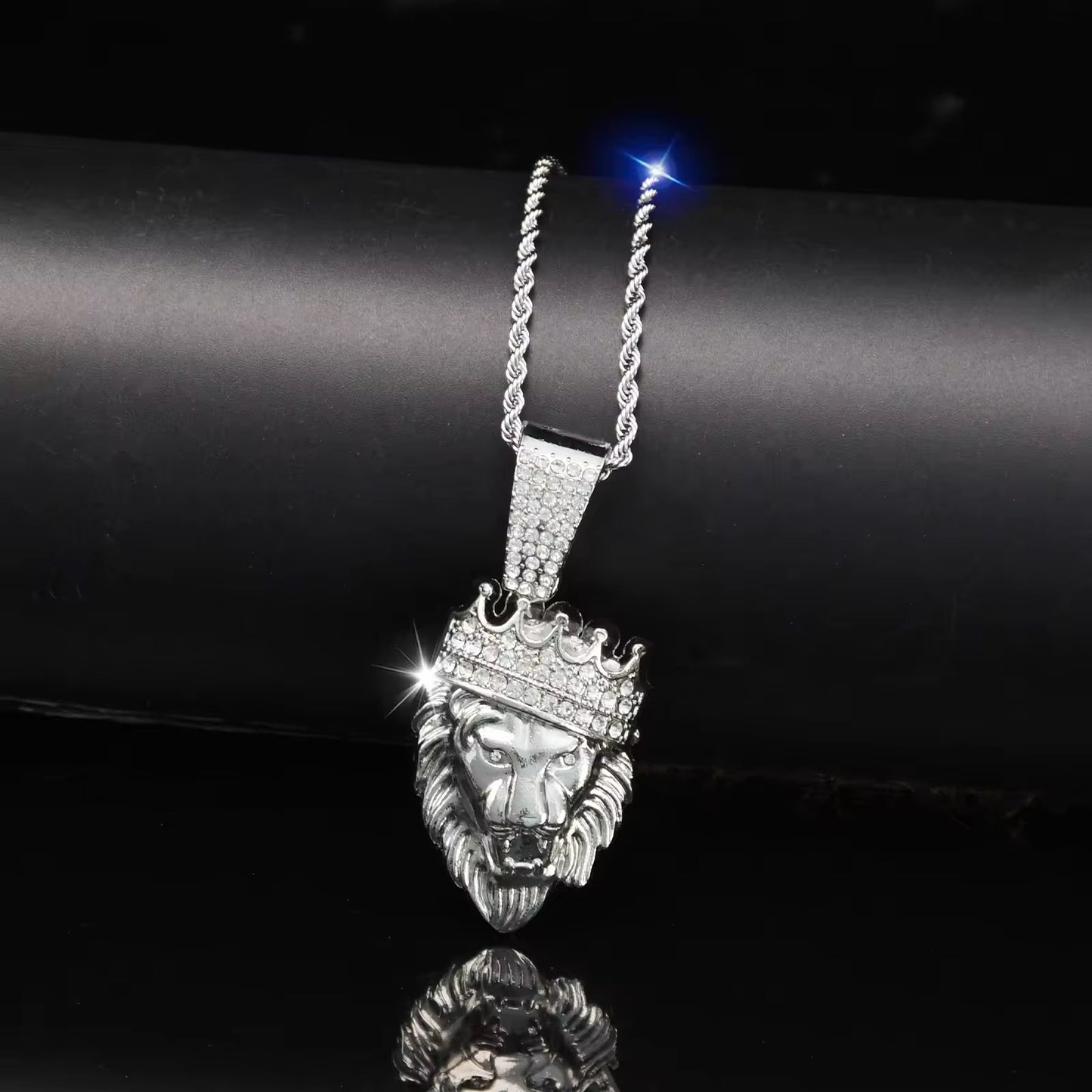 Iced Out Crown Lion Head Pendant with Rope Chain – Gold & Silver Plated