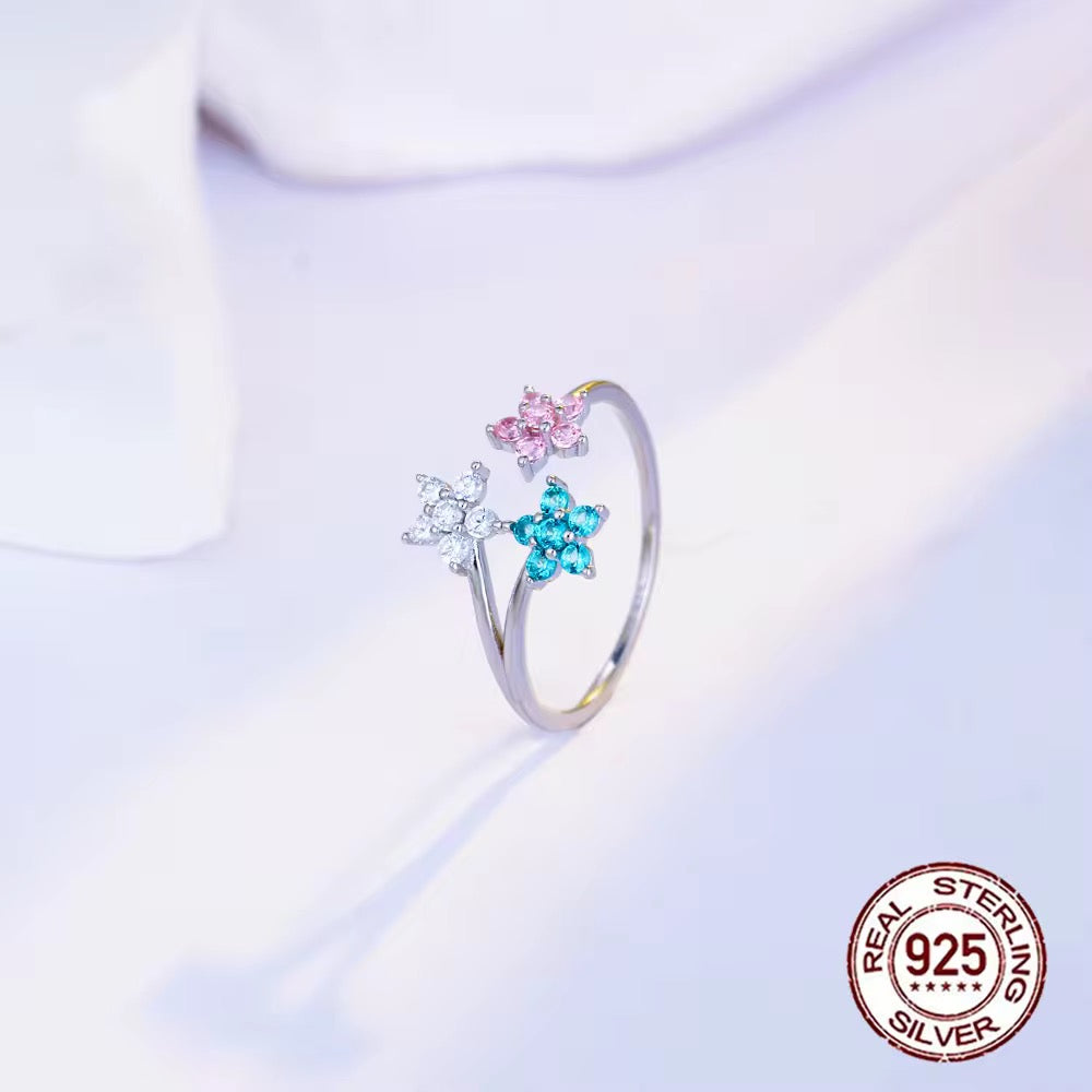 925 Sterling Silver Cubic Zirconia Adjustable Open Pretty Blooming Flowers Ring For Women/Girls - ShopSmart 