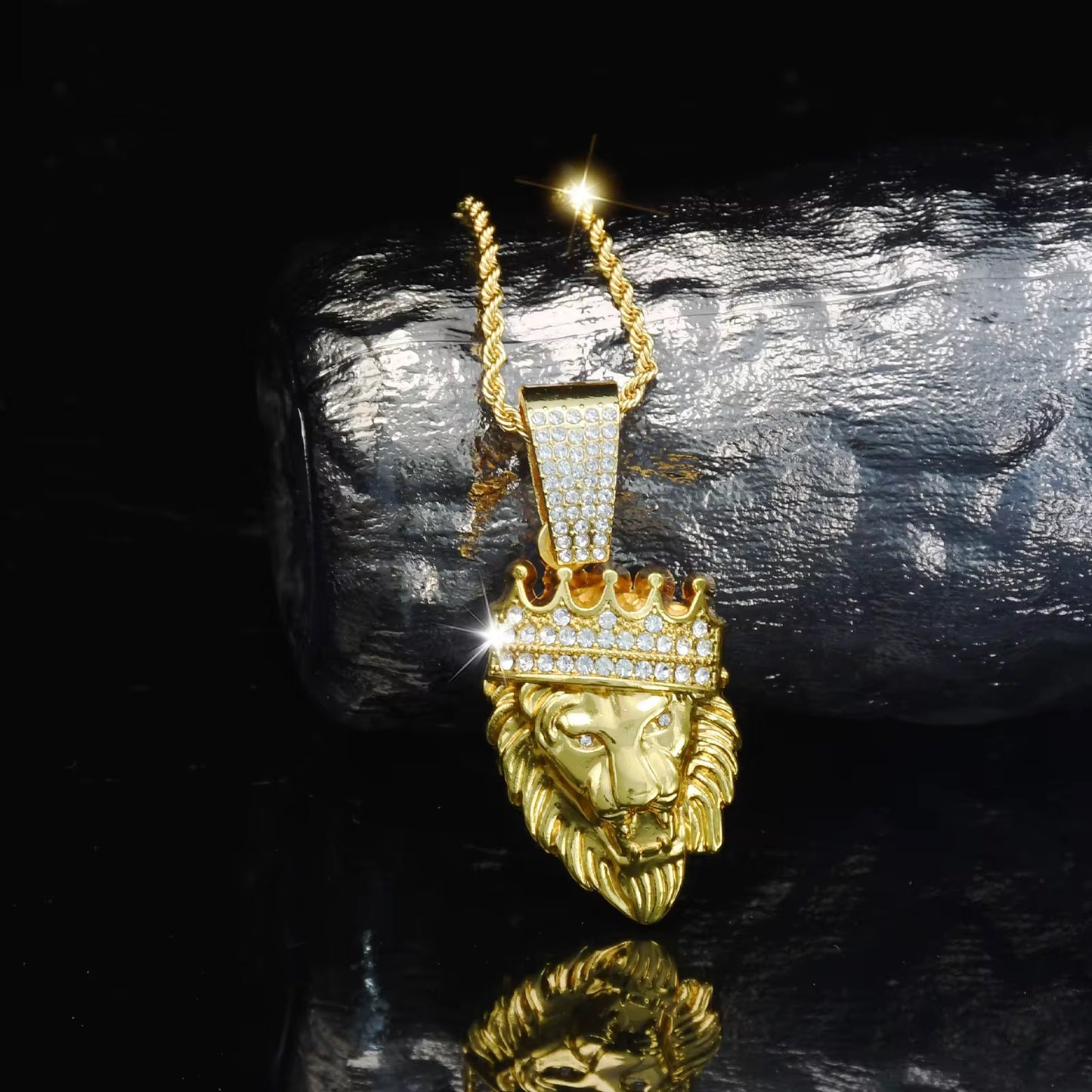 Iced Out Crown Lion Head Pendant with Rope Chain – Gold & Silver Plated