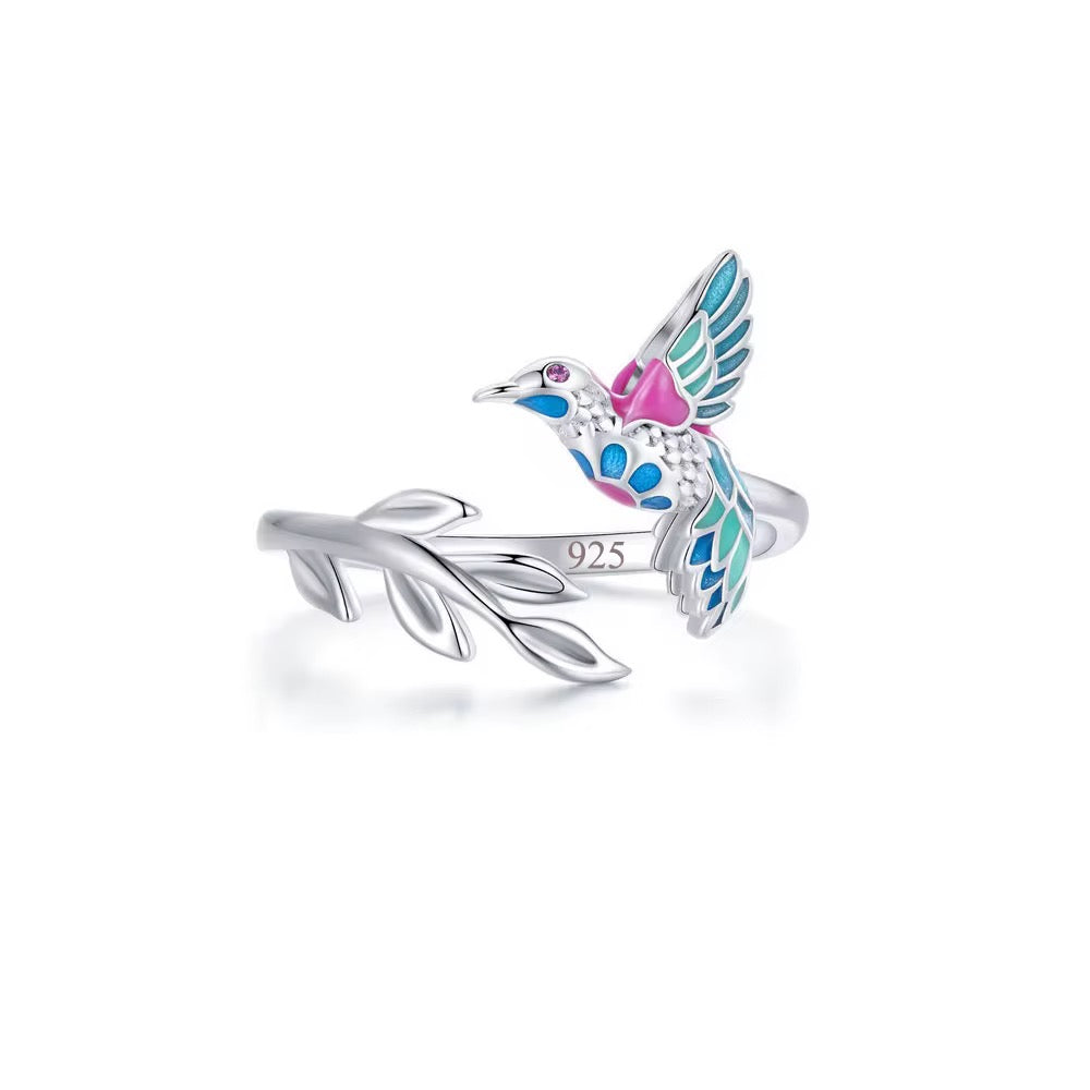 Colorful Enamel Cute Bird Shaped 925 Sterling Silver Open Size Finger Ring - ShopSmart 